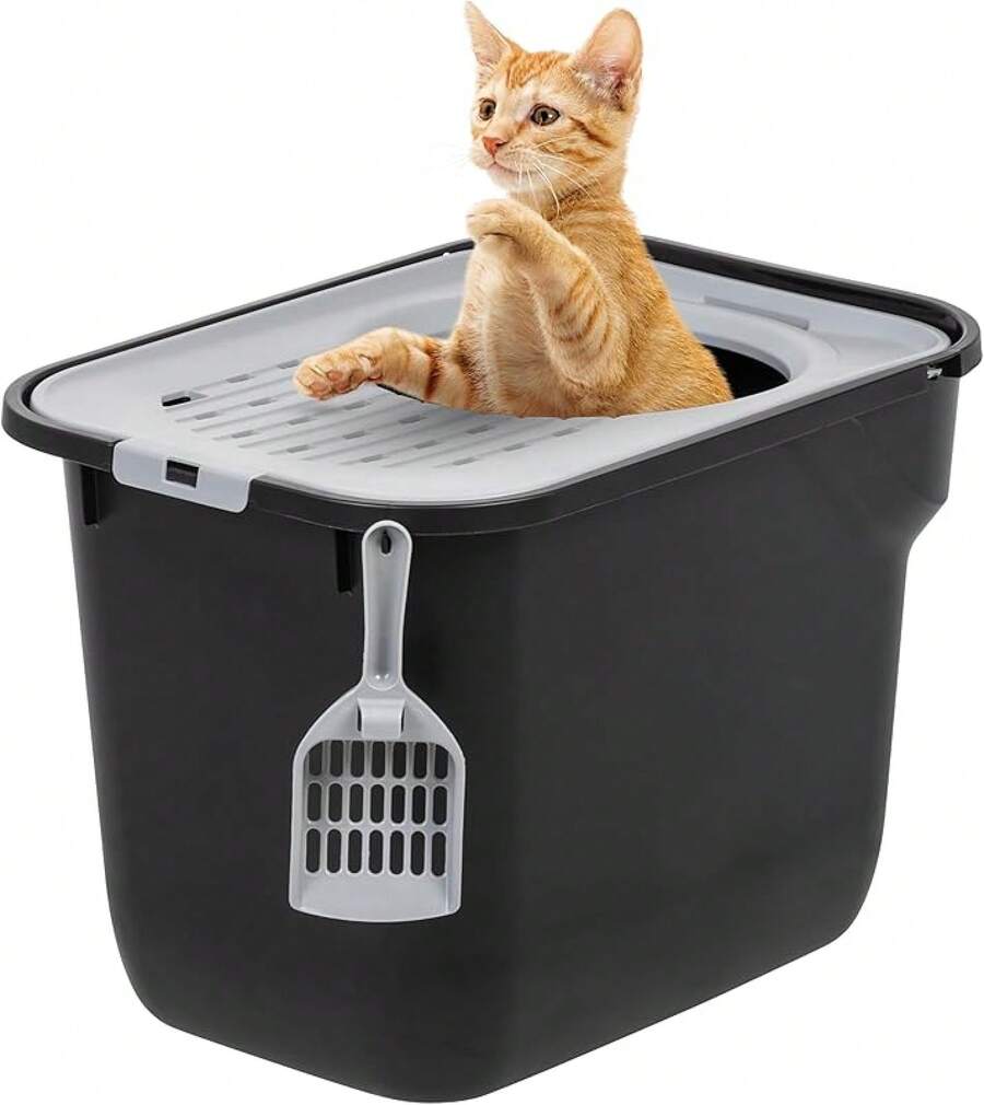 IRIS USA Arenero rectangular para gatos con entrada superior y pala, gran arenero para gatos, arenero para gatitos, Negro/Gris - Entrada Superior con Paleta - Negro/Gris - Ver 1