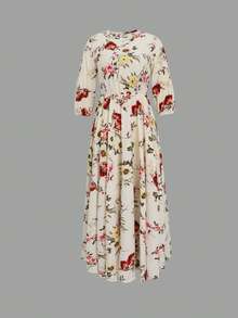 新款时尚优雅花卉印花长袖女长裙春秋季（不含腰带） - 杏色 - 查看 4