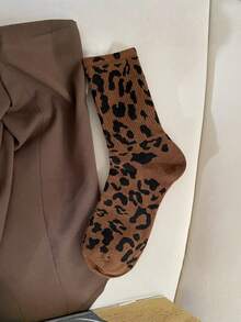 1 Pair Leopard Print Socks, Women's Mid-Calf Socks, Brown Leopard Print Pile Socks, Grey Long Socks, Sporty Socks, Women's Matching German Training Shoes - Multicolor - View 8