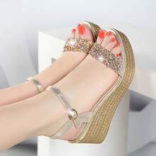 Mujer Sandalias cuña de color metálico tira tobillera vacación dorado,Verano nuevo zapatos lentejuelas sandalias versión coreana de la moda exterior sandalias zapatillas mujer,tacones altos gruesos, sandalias de moda de verano, cómodo y duradero, vacaciones, estilo casual y de negocios,Zapatos de mujer de tacón alto grueso y plataforma estilo europeo y americano a la moda ﻿ - Dorado - Ver 7