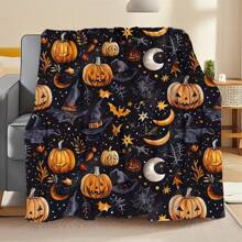 1 Piece-​Best - Selling Halloween Polyester Blanket, Witchy Pumpkin & Moon Pattern With Stars & Webs, Cozy Soft Throw For Couch/Bed, Spooky Seasonal Decor Must - Have