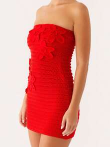 Women's Knit Floral Backless Strapless Tube Mini Bodycon Dress - Summer Short Dress For Daily  Party - Red - View 3