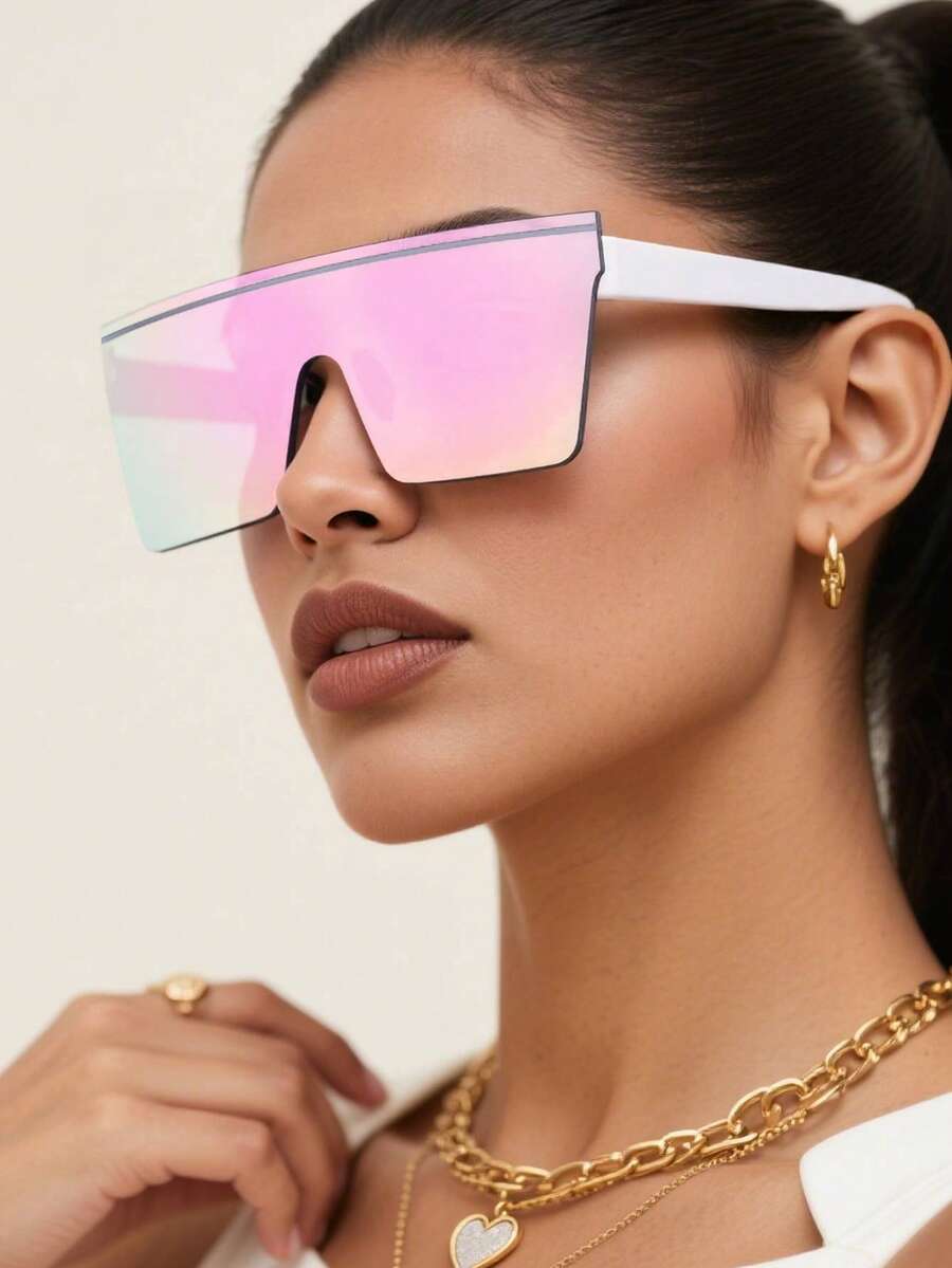 1 件女士亚克力一体式街头嘻哈大号无框方形框架时尚夏季眼镜，适合 Y2k 配饰、夏季假日和户外徒步运动学院风，适合返校盾形盾形太阳镜