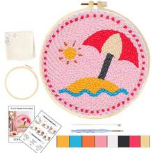 1 Pack Beach Scenery Pattern Punch Needle Embroidery Kit For Beginners Easy Embroidery Needlework Wool Home Decor 20x20cm/7.87x7.87inch