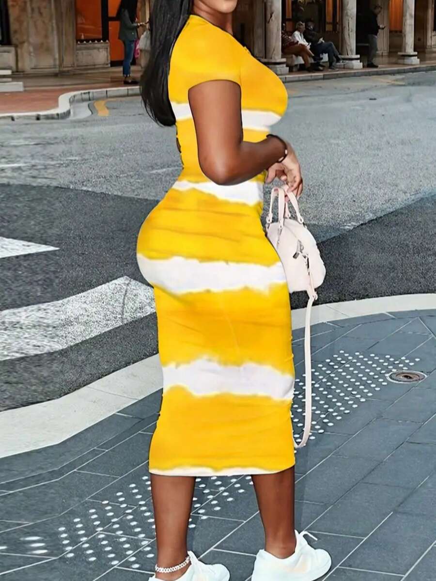 Elegant Plus Size Women's Tie-Dye Bodycon Dress - Black & White Stripes, Stretchy Polyester Knit, Crew Neck Short Sleeve Midi Length, Machine Washable Casual Summer Weekend Wear - 黃色 - 查看 1