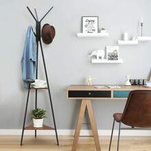 Appendiabiti da Terra, Attaccapanni Autoportante per Salotto, Stile Industriale, con 2 Ripiani, per Vestiti, Cappelli, Borse, Marrone Vintage, Ritorno a Scuola, Regalo Natale - Castano - Visualizzare 1