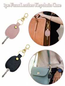 Luxury Faux Leather Keychain Case, Litchi Texture Key Protector Cover, Oval-Shaped, With Edge Paint Detail, For Wedding, Bridal Shower, Birthday, Bar/Bat, Tailgating, Christmas, Halloween, Easter, Thanksgiving, Valentine's Day - Multicolor - View 1