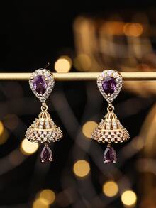 1 par de lujosos pendientes de cobre con forma de lágrima y circonita cúbica, un elegante y versátil jhumki con borlas, ideal para uso diario, festivales, bodas y fiestas. Ideal como regalo de joyería. - multicolor - Ver 12