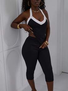 FQLWL Summer Panelled Elegant 2 Pieces Set Cocktail Party Outfits For Women Backless Halter Crop Tops Shorts Set