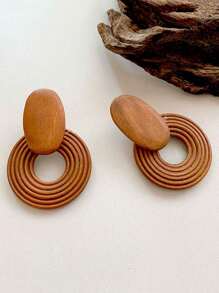 Vintage Geometric Wood Drop Earrings For Women Handmade Brown Color Leaf Shaped Round Circle Wooden Earrings Jewelry