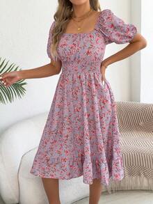 女式休闲荷叶边袖抽绳碎花迷你连衣裙，适合春夏季度假 - 紫色 - 查看 5