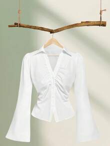 Women's Solid White Spring Fall Blouse, Flared Long Sleeve Lapel  V-Neck Shirt Button Down Slim Top For Office, Casual Wear - trắng - Xem 2