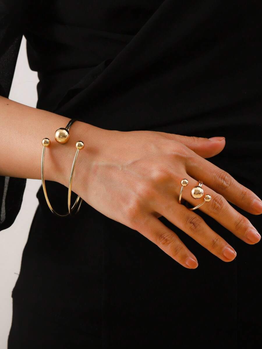 2pcs Bohemian Style Bracelet & Ring Set - Vintage Minimalist Round Bead Open Design Layered Bangle And Ring, Elegant Accessories For Beach Party, Holiday Gift - Multicolor - View 1