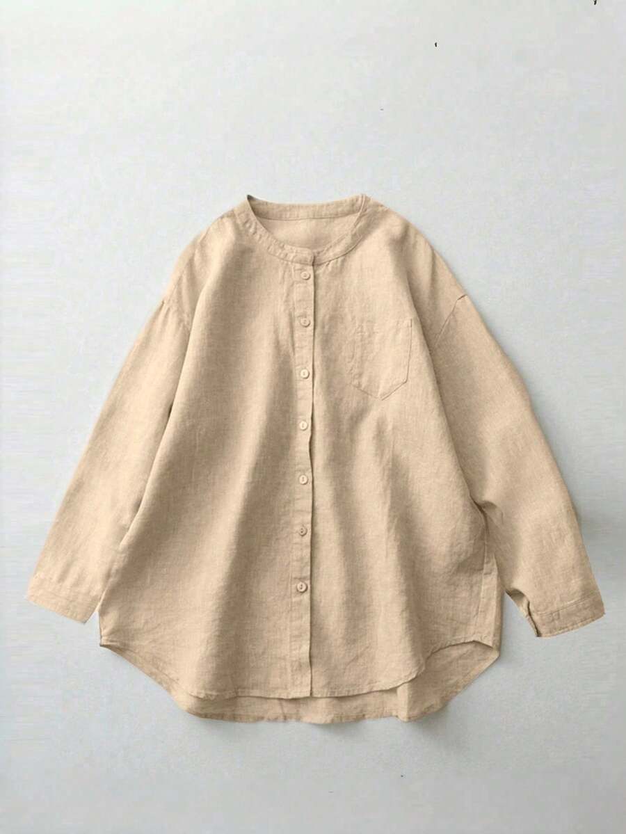 女士亚麻衬衫,休闲舒适长袖圆领前扣上衣,适合春季、秋季 - 卡其色 - 查看 1