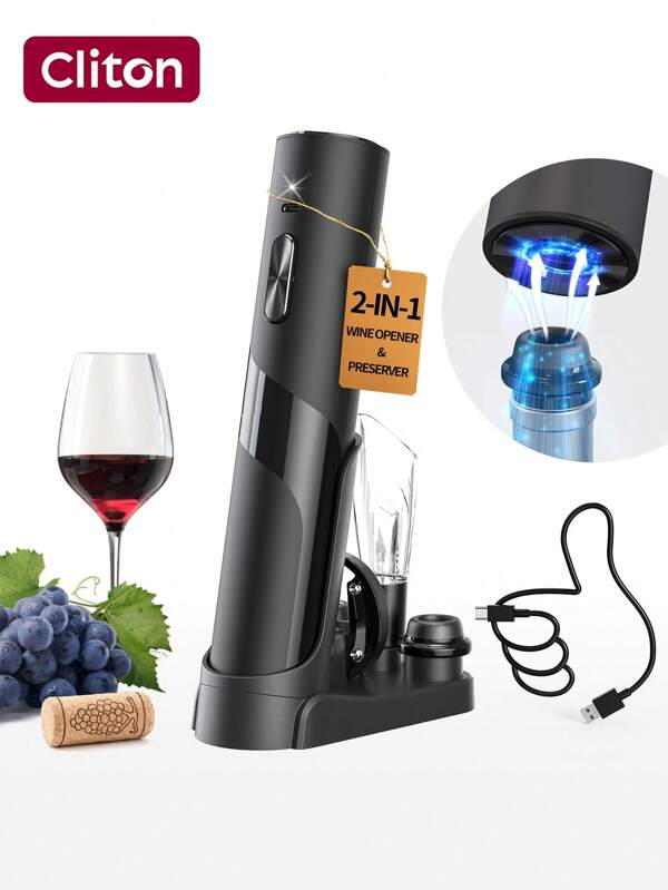 CLITON Ouvre-bouteille de vin électrique rechargeable, coffret cadeau de vin 7-en-1 avec pompe à vide électrique, station de charge, coupe-capsule, aérateur et verseur de vin et 2 bouchons à vin