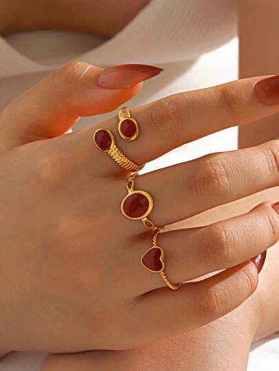 3 Stücke / Set Edelstahl-Ringe in geometrischer Herzform, minimalistischer roter Verlauf für Frauen, geeignet für Alltag und Festtagskleidung