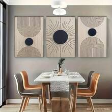 三联框帆布墙画，百搭墙饰，适用于任何房间 - 时尚木框，日月图案，木纹艺术印刷，简约风格，黑色，彩虹线条，酒吧、客厅、咖啡馆、家居和宿舍墙面装饰 - 彩色 - 查看 5