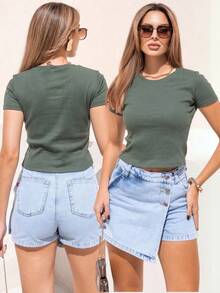 Blusa de Manga Curta Baby Look, Ideal para o Verão, Tecido Ribana Confortável e Fresco