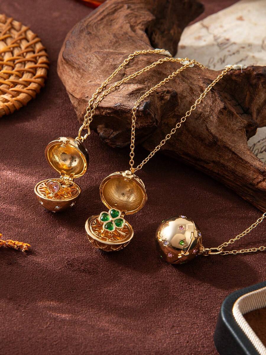 1 件精致时尚的复古风格四叶草爱情青蛙开合圆形吊坠项链，镀 18k 金，不易氧化，展现魅力和个性化，女性日常穿衣装饰，海滩度假派对，音乐节。 - 彩色 - 查看 1