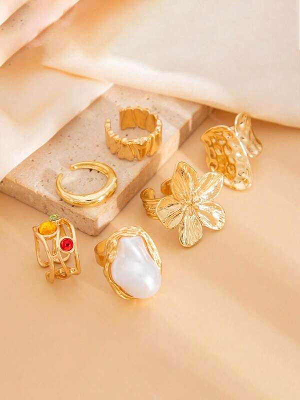 6pcs/Set Vintage European American French Baroque Faux Pearl Rings For Teens, Exquisite Exaggerated Open Rings, Retro Flower Metal Ring Set