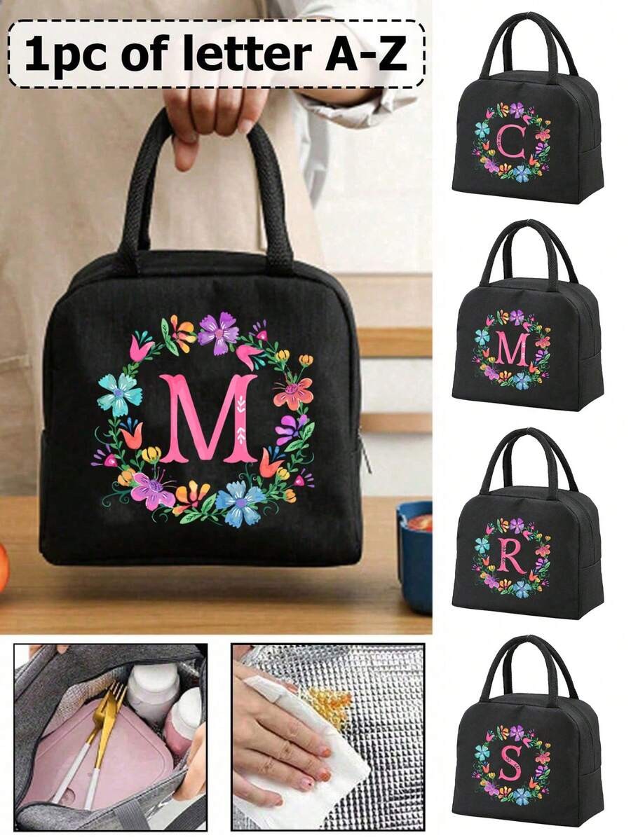 1pc Insulated Bag, Insulated Lunch Bag, With Colored Floral Initials A-Z, School Refrigerated Box, Handbag, Lunch Box, Ice Pack, Picnic Food Handbag, Floral Letter Patterned Lunch Box, Canvas Lightweight Portable Lunch Storage Bag, School Office Picnic Lunch Tote Bag (Black) Lunch Bag For Women Cooler Bag - Black - View 1