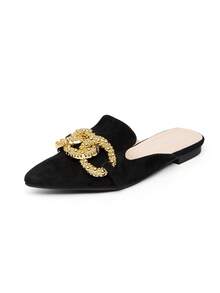 Donne, scarpe slip-on alla moda con catena metallica, punta affusolata, colore unito, tacco piatto, stile urbano, colore nero, stile urbano, materiale , pantofole - nero - Visualizzare 9