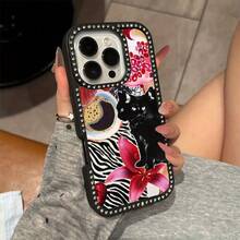 Funda para phone 1 unidad, doble cara, lujosa, decorativa, para phone 16, 15, 14, 13, 12, 11 Plus Pro, antigolpes, anticaídas, protección completa, con collage retro de gatos negros - Negro - Ver 1