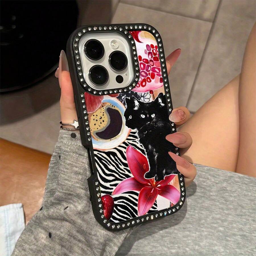 Funda para phone 1 unidad, doble cara, lujosa, decorativa, para phone 16, 15, 14, 13, 12, 11 Plus Pro, antigolpes, anticaídas, protección completa, con collage retro de gatos negros - Negro - Ver 1