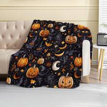 1 Piece-​Best - Selling Halloween Polyester Blanket, Witchy Pumpkin & Moon Pattern With Stars & Webs, Cozy Soft Throw For Couch/Bed, Spooky Seasonal Decor Must - Have