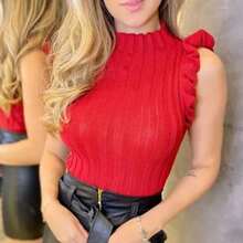 Women's Blouse Garrafinha / Ribbed Knit / Ruffle / Modal Women's Blouse - Red - View 1