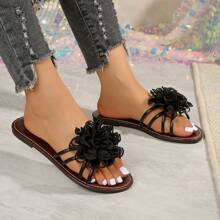 女式平底凉鞋雏菊度假 PU 皮革交叉荷叶边装饰轻便舒适夏季沙滩鞋