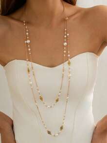 2 件优雅仿珍珠流苏吊坠长项链，时尚金属金色项链，适合女士，适合派对、聚会、郊游、正式场合 - 金色 - 查看 4