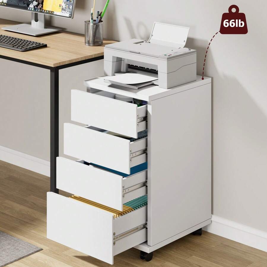 Mobile Filing Cabinet With 4 Drawers, Under Desk Filing Cabinet With Wheels, Office Cabinet For Home And Office, White/Black, 33 X 39 X 63.5 Cm - 白色 - 查看 1