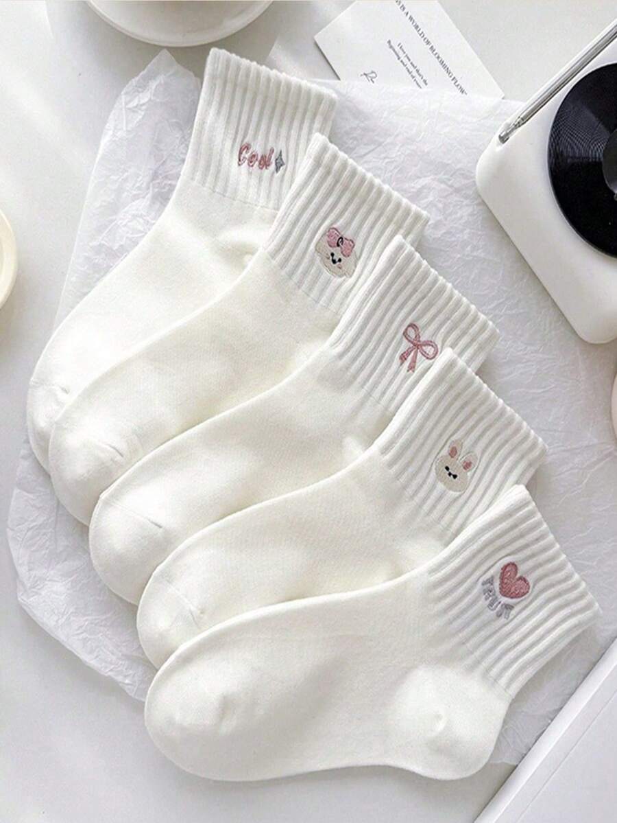 4/5/9 双女士可爱蝴蝶结和花朵图案短袜,时尚学院风,舒适柔软透气吸汗,适合日常、运动、休闲穿着,春夏秋 - 白色 - 查看 1