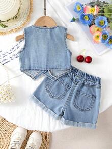 2件套女婴可爱甜美樱桃刺绣牛仔幼儿服装套装 - 中等水洗藍 - 查看 2