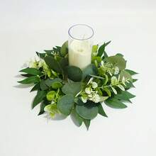 1 pieza Corona artificial de eucalipto, corona de planta verde realista para fiestas, adecuada para Navidad, boda, hogar, mesa, gabinete, decoración de puerta, Día de San Valentín, Acción de Gracias, Pascua, Día de la Madre, Navidad, cumpleaños, aniversario, fiesta de graduación, corona de hojas de eucalipto artificial de alta gama para hotel, cafetería, restaurante (vela no incluida) Decoración del hogar Decoraciones navideñas Decoración de habitación - Verde y blanco - Ver 6