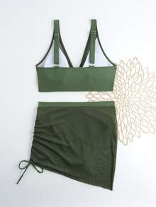 2025 New Bikini Set With Mesh Skirt, Cross-Border To Europe And America, Drawstring Waist Slimming Sexy Fitted Tummy Control Swimsuit, Beach Holiday Swimwear Vacation Summer - Army Green - View 6