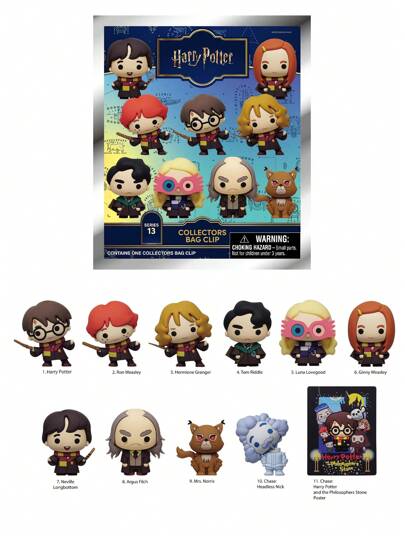 Warner Bros 1个华纳兄弟官方哈利波特系列13盲盒钥匙扣，随机包含哈利、罗恩、赫敏、卢娜、汤姆、金妮、纳威、洛里斯夫人、阿格斯·费尔奇、差点没头的尼克等3D人偶，趣味收藏品，适合作为圣诞节、万圣节礼物或包包装饰，送给哈利波特粉丝。