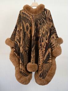 Xale Poncho Tricotado com Design de Pena de Pavão Elegante, Novo, Quente, Confortável e Respirável, Xale Grosso Vintage para Outono/Inverno, Combinado com Borda de Pele Sintética Macia para Vestido