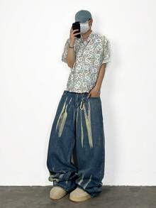 1pc Justice Brother Casual Brand Personalized Distressed Denim Wide Leg Loose Fit Jeans Pants For Men