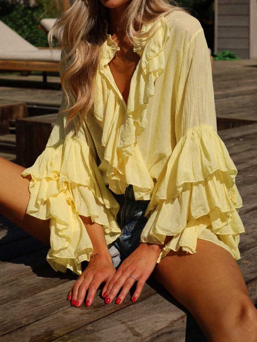Women Long Sleeve Ruffled Button Down T Shirts Casual Collared Solid Work Tops Blouse - Màu vàng - Xem 1