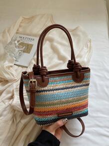 Nuova borsa a tracolla bohémien alla moda, intrecciata e colorata, decorata con etichette con lettere e tracolle indipendenti, adatta per uso quotidiano, vacanze al mare, viaggi e utilizzabile come borsa a spalla casual o a tracolla diagonale da donna