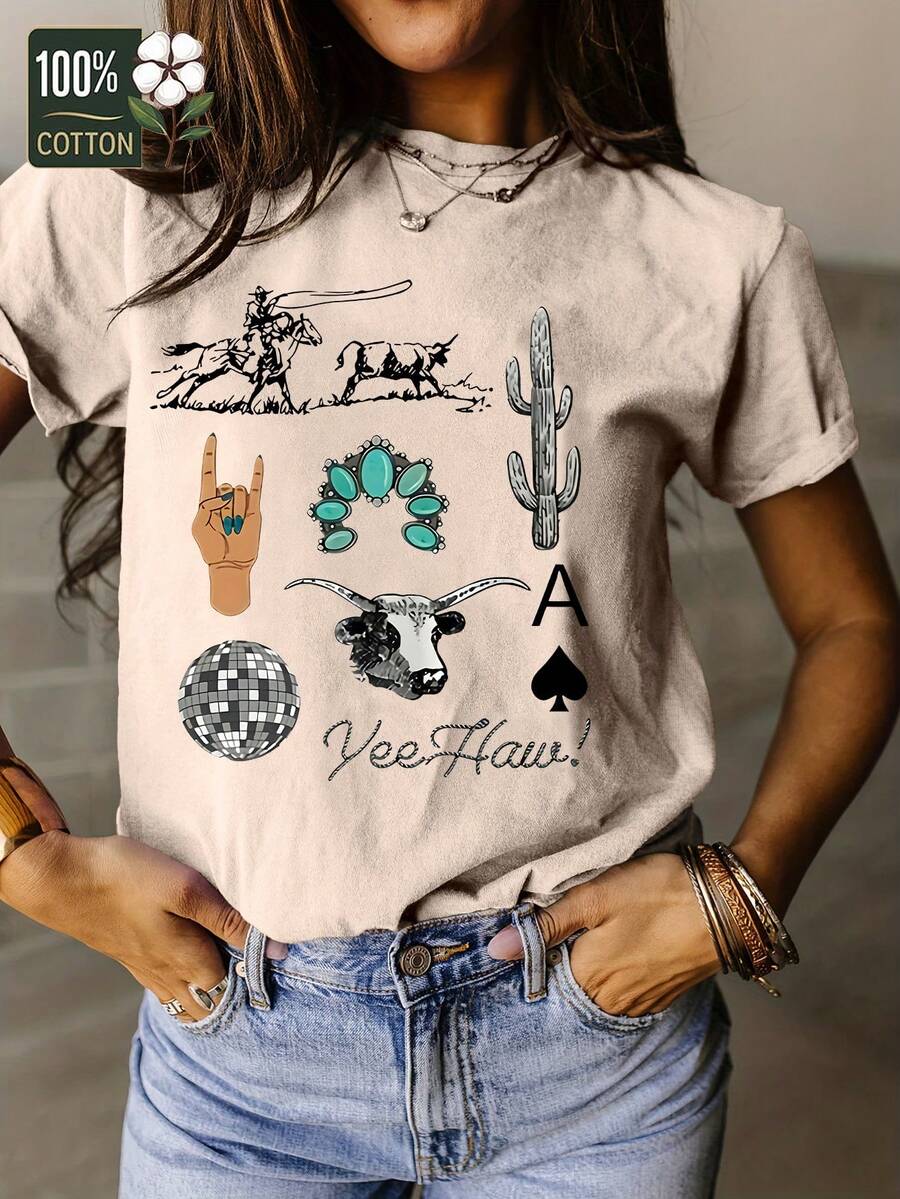 100% Cotton T-Shirt Women's Short-Sleeved T-Shirts, Western Cowboy Pattern T-Shirts, Cowboy Vintage T-Shirts - Màu be - Xem 1