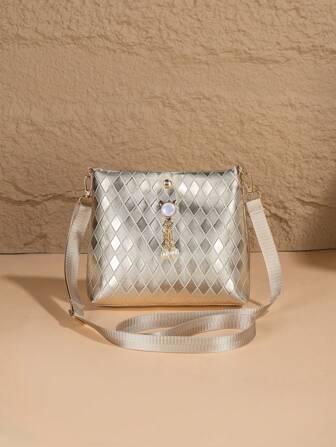 女士绗缝斜挎包，可调节肩带钱包，时尚街头风格水桶包，休闲多功能单肩包，轻质磁扣，涤纶衬里，湿巾清洁，适合日常通勤、度假、户外