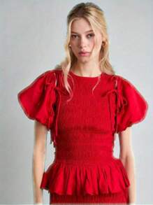 Women's Solid Color Elegant Short Puff Sleeve Tops Round Neck Shirred Tie-Up Bow Peplum Summer Blouse