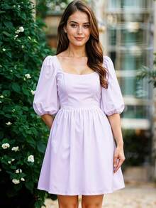 Vestido Corto de Escote Cuadrado con Manga Abullonada Casual para Mujer - Lila Púrpura - Ver 3