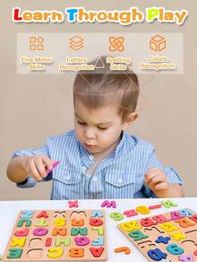 3 合 1 幼儿木制拼图，木制字母数字形状拼图，幼儿学习拼图玩具，适合儿童，3 合 1 幼儿拼图，年龄 3-10 岁。 - 彩色 - 查看 4