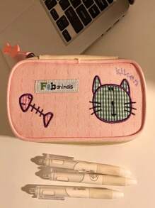 1pc Cute Cat Design Pencil Case, Highly Attractive Candy Color Contrast Color Pencil Box, Large Capacity Stationery Storage Bag, Unique Design,School Supplies,Back To School