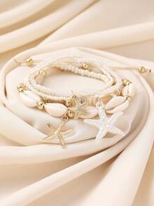 7pcs/4pcs Ocean Inspired Faux Pearl Resin Starfish & Shell Beaded Layered Bracelets Set, Boho For Women, Beach, Vacation, Casual Wear, Holiday Gift - White - View 9