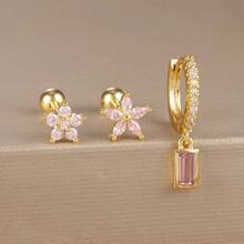 3pcs Square Pink Zirconia Flower Earrings Set For Women 18K Gold Plated Stainless Steel And Copper Helix Screw Cartilage Piercing Party Jewelry Accessories Valentines,Mom,Mother,Mother's Day,Gift